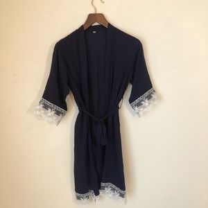 Navy Robe w/ Lace Trim